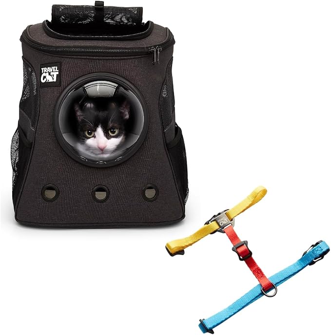 Fat Cat Backpack Carrier with Space Capsule Bubble & Adjustable Escape Proof Cat Harness and Bungee Leash Set - Airline Approved Kitten Travel Bundle for Outdoor, Hiking, and Adventures - Charcoal & C