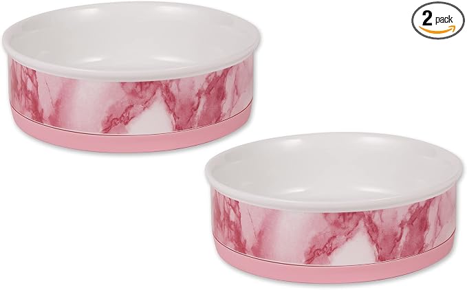 Bone Dry Ceramic Marble Non-Slip Pet Bowls, Dishwasher Safe, Large Set, 7.5x2.4, Pink, 2 Count
