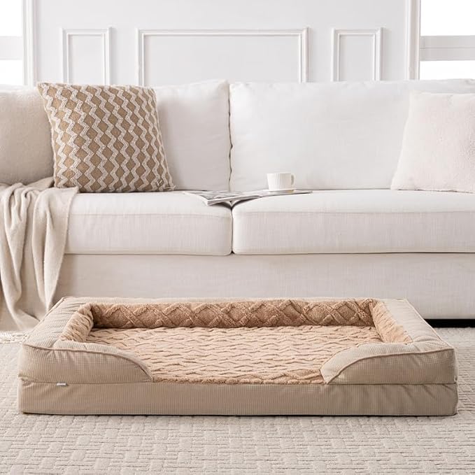 Dog Bed, Waterproof C-Shaped Pet Sofa with Removable Washable Cover, Non-Slip Bottom, Brown Quilted Comfort Couch for Large Dogs and Cats 48" L x 35" W x 6.5H