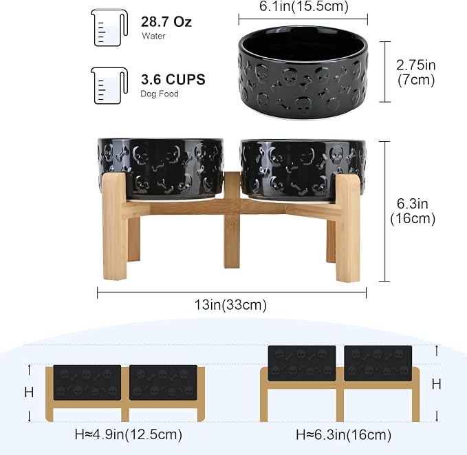 SPUNKYJUNKY Elevated Dog Bowls Ceramic, 6.1'' Dogs and Cat Food Water Bowls Raised with Non-Slip Bamboo Stand for Medium Sized Breed Microwave Dishwasher Safe - 28.7 OZ,Skull Black