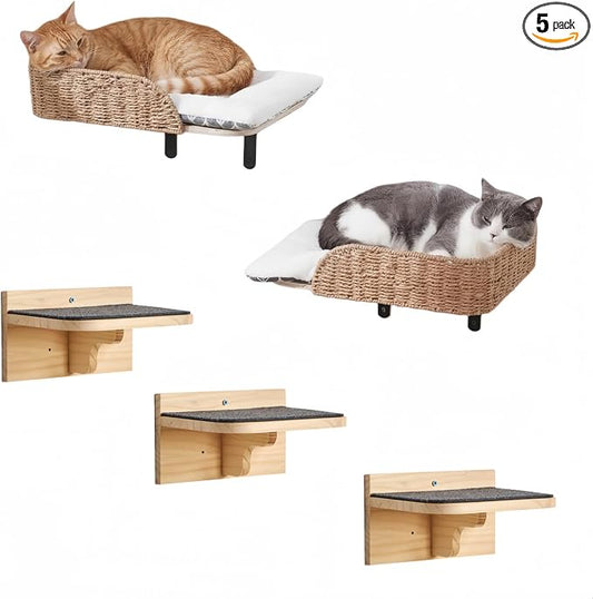 SHENGOCASE 2-Pack Wooden Cat Wall Window Bed with Handwoven Guardrail, Wall-Mounted Perch Furniture Set with 3 Steps