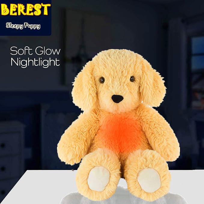 BEREST Newborns Musical Baby Sleep Soother, Mom's Heartbeat White Noise Machine|Dog Sleeping Aid with Cry Sensor|Night Light & 9 Sounds Therapy|Sleepy Puppy Stuffed Toy for Toddler Crib|Yellow