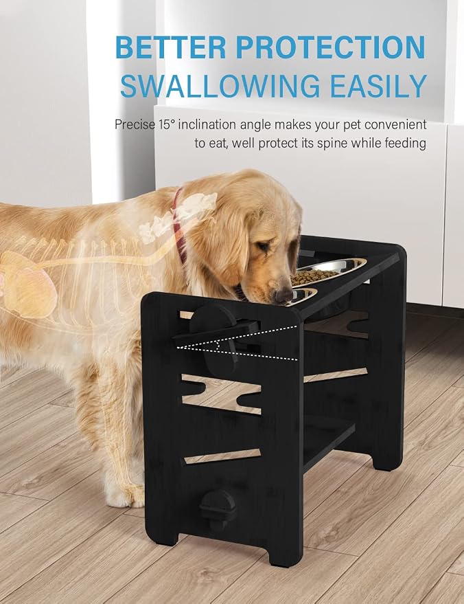 Vantic Elevated Dog Bowls, Adjustable Raised Dog Bowl Stand for Medium Sized Pet, Sturdy Bamboo Food Feeder with 2 Stainless Steel Dishes, Black