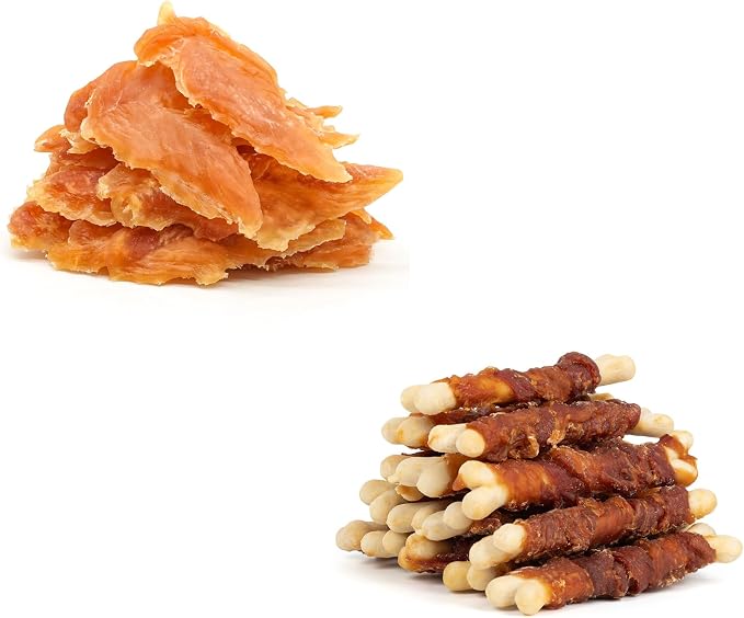 MON2SUN Chicken Jerky 14.11 oz for Small Medium and Large Dogs & 4 Inch Chicken and Duck Wrapped Calcium Bones 15 Count for Small Dogs