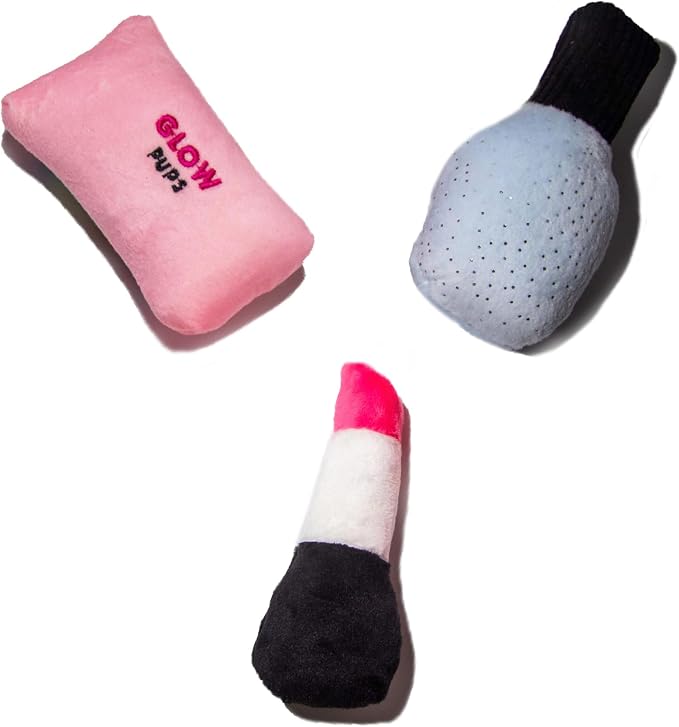 Glow Pups Plush Dog Toy Set, Squeaky Lipstick, Cell Phone and Nail Polish Dog Toys, Crinkle Material, Interactive Fun, Puppy Teething Toys, Pink/Fuchsia (3 Pack)