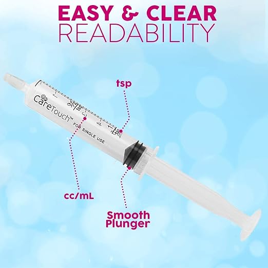 Care Touch 100 Pack 5 ml Syringes Without Needle - Disposable Oral Syringe with Luer Slip Tip - Liquid Medicine Syringes for Children, Babies, Infants, Pets - Individually Wrapped and Leak Resistant