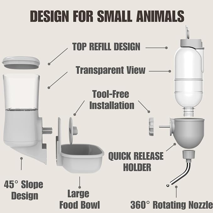 Automatic Pet Food Water Dispenser, Auto Gravity Pet Feeder Water Bottle Set for Crate Cage for Puppy Cat Rabbit Guinea Pigs Chinchilla Ferret Hedgehog (Grey)