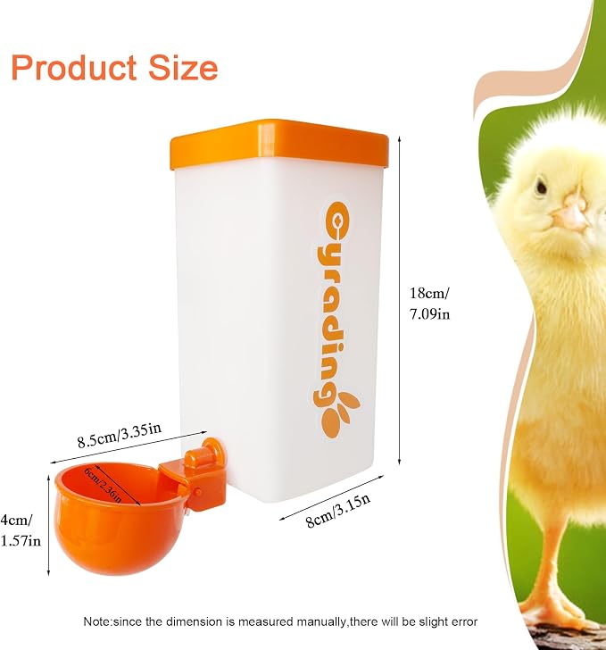 Automatic Waterer System Chick Feeder and Drinker Cups 1L Hanging Automatic Fill Poultry Watering Cup Used for Cages (Orange, 2)