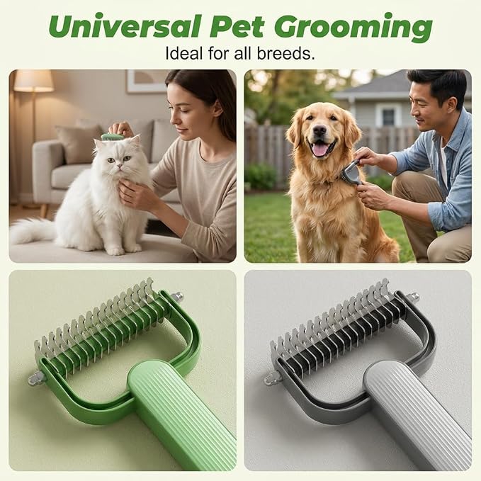 Pet Grooming Brush, 2026New Double Sided Dematting Comb for Cats & Dogs, Undercoat Rake, Gentle Matt Remover Detangler for Long Thick Hair Pets, Easy Grip Fur Remover Comb, Deshedding Brush (2PCGreen)