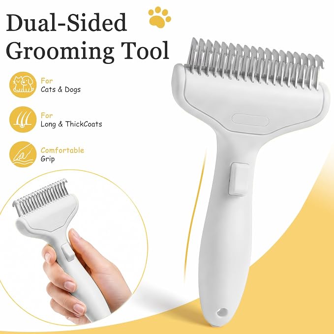 Dog Brush and Cat Deshedding Rake, Pet Grooming Tool for Shedding with Rounded Stainless Steel Teeth, Comfortable Grip for Long or Thick Coats (Style 2 White)