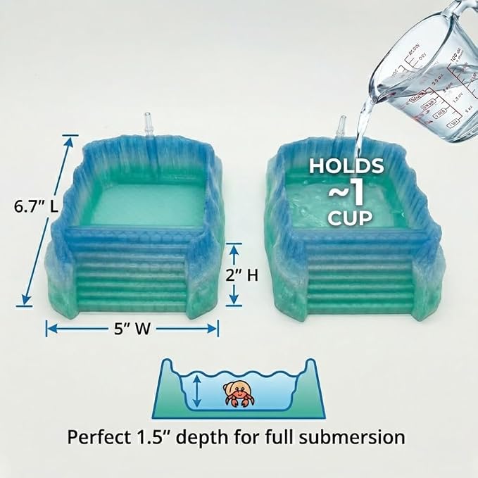 Hermit Crab Pools with Built-in Bubblers – Set of 2 (Fresh & Salt Water) – Upgraded Heat-Resistant PETG 3D Printed Water Bowls with Safe Exit Ramps (Glazed Blue/Green)