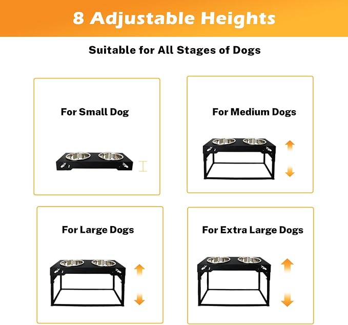 Elevated Dog Bowls for Dog Adjustable Raised Stand for Large Breed Dogs Height 2.75" up to 20'' with 2 Stainless Steel Food&Water (4L)