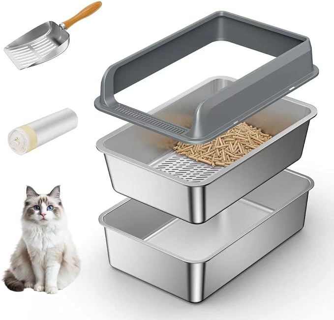 All Stainless Steel Sifting Litter Box with Lid,Metal Sifting Cat Litter Box for Pine Pellets,High Sides Sifter Litter Pan System for Kittens,Odor Control,Sifting Box Liners and Scoop