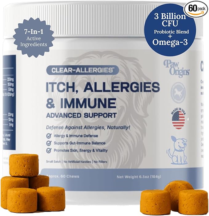 Paw Origins Dog Allergy Chews (60 Ct.) - Clear-Allergies Itch for Immune & Gut Support - Dog Allergy Relief Chews with 3 Billion CFU Probiotic Blend and Omega 3 for Seasonal Allergies - Beef Flavor