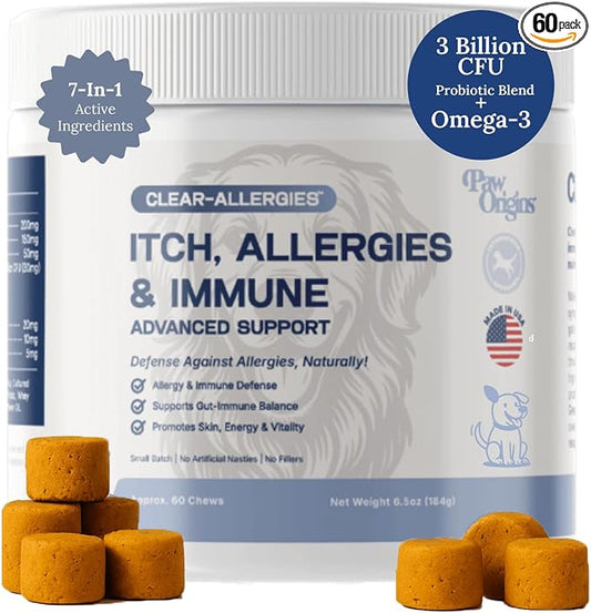Paw Origins Dog Allergy Chews (60 Ct.) - Clear-Allergies Itch for Immune & Gut Support - Dog Allergy Relief Chews with 3 Billion CFU Probiotic Blend and Omega 3 for Seasonal Allergies - Beef Flavor