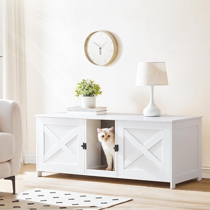MAHANCRIS Cat Litter Box Enclosure for 2 Cats, 47.2" Hidden Litter Box Furniture with Double Room, Wooden Cats Washroom with Scratching Board, Indoor Cats House End Table, White CWWT1201