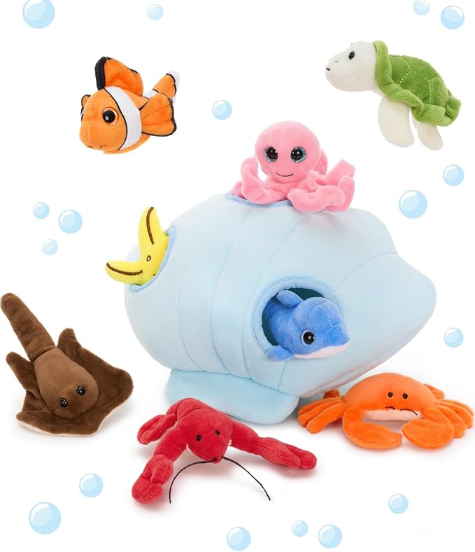 Muiteiur 11.42" Blue Ocean Plush Sea Animals Set with Storage Shell | Soft 9 PCS Ocean Animal Plush Set with Storage Shell for Toddlers and Kids, Sensory Llearning and Montessori Travel Play