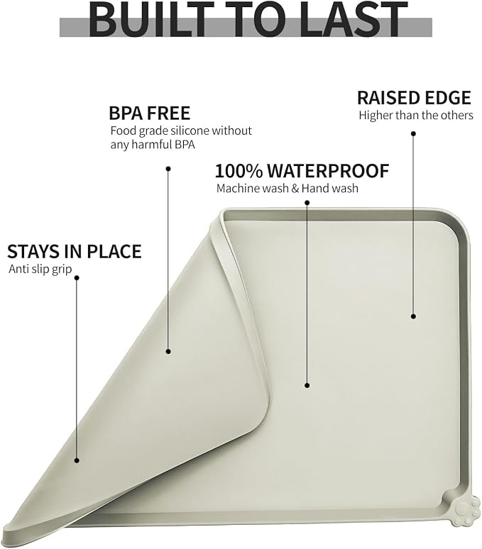 Reopet Silicone Pet Feeding Mat - Waterproof & Non-Slip Dog Cat Placemat | High Raised Edges Prevent Food & Water Spills to Protect Floors, Easy to Clean, Fit for Dog Cat Bowls