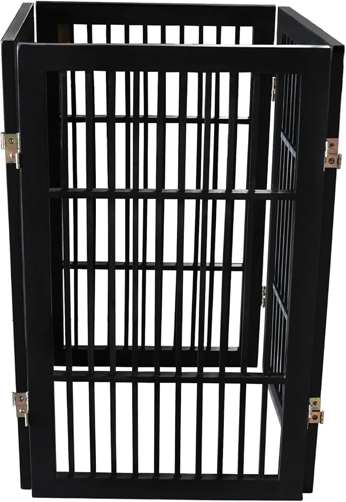 Urnporium Pet Dog Gate Freestanding, Strong Durable Folding Wooden Fence, Portable Acacia Hardwood Safety Barrier for Indoor & Outdoor Use (Black Pet Gate, 4 Panel 30" Tall)