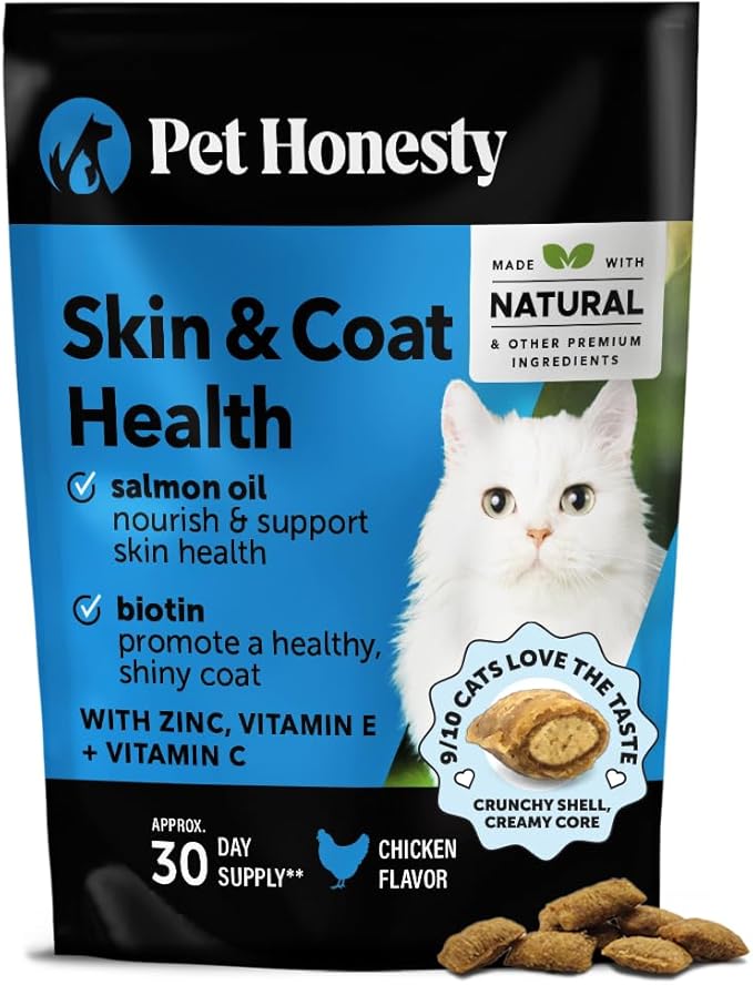 Cat Skin & Coat Supplement Crunchy Creamy Chews - Salmon Oil for Cats Omega 3 Itchy Dry Skin Relief - Feline Shedding Control - Biotin Vitamins for Indoor Cats Shiny Soft Coat (30-Day Supply)