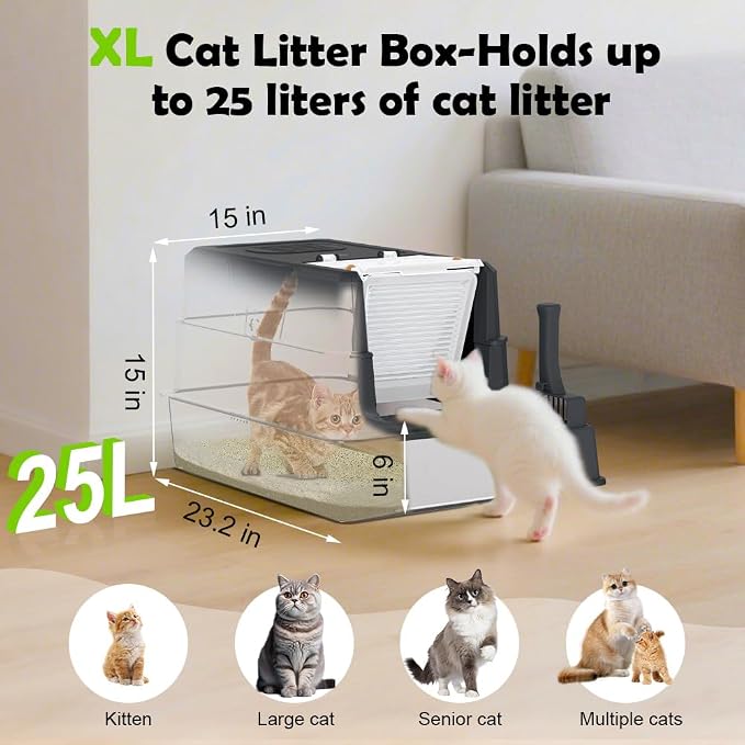 SZEE Stainless Steel Cat Litter Box with 180°Flip-Top Lid, Easy Clean XL Enclosed Litter Box, Large Covered Steel Cat Box with Scoop, Odor Control and Anti-Urine Leakage, 23.2 * 15 * 15 Inch, Black