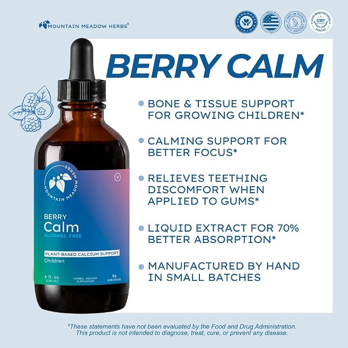 Mountain Meadow Herbs Berry Calm for Kids – Herbal Calcium Supplement for Strong Bones, Teeth, Focus & Relaxation, Great Tasting Liquid Formula, 4 oz