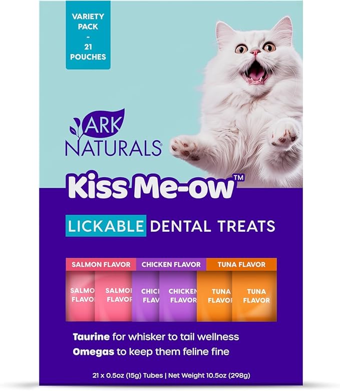 Ark Naturals Kiss Me-Ow Lickable Cat Dental Treats Variety Pack - Promotes Hydration, Dental & Overall Health - Chicken, Tuna & Salmon Flavors (2pk)