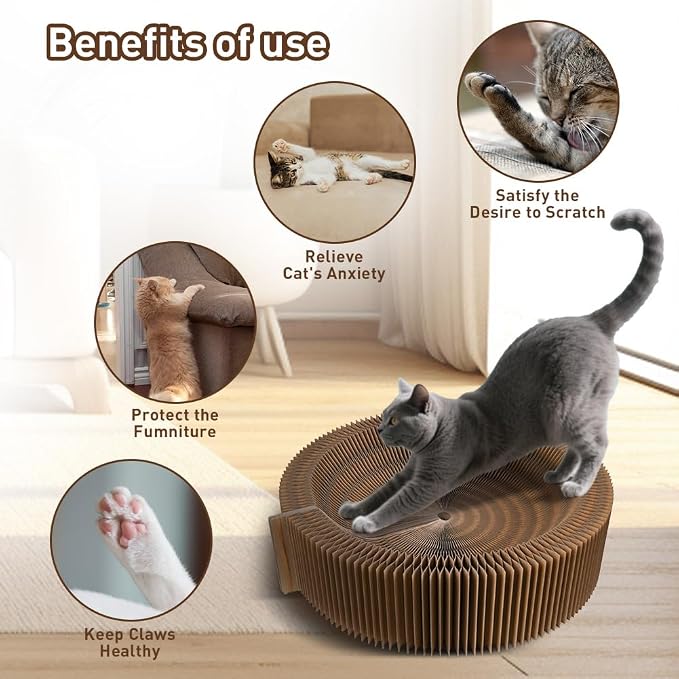 Cat Bed Scratcher Lounge - Cardboard Collapsible Pet Scratching Pad, Round Cat Scratch Nest for Indoor Big Large Kitty Kitten