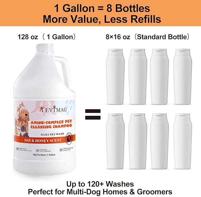 1 Gallon Dog Shampoo, Oatmeal Honey Moisturizing Shampoo for Dogs with Sensitive Dry Itchy Skin, Deodorizing & Deep Cleaning, Concentrated Formula