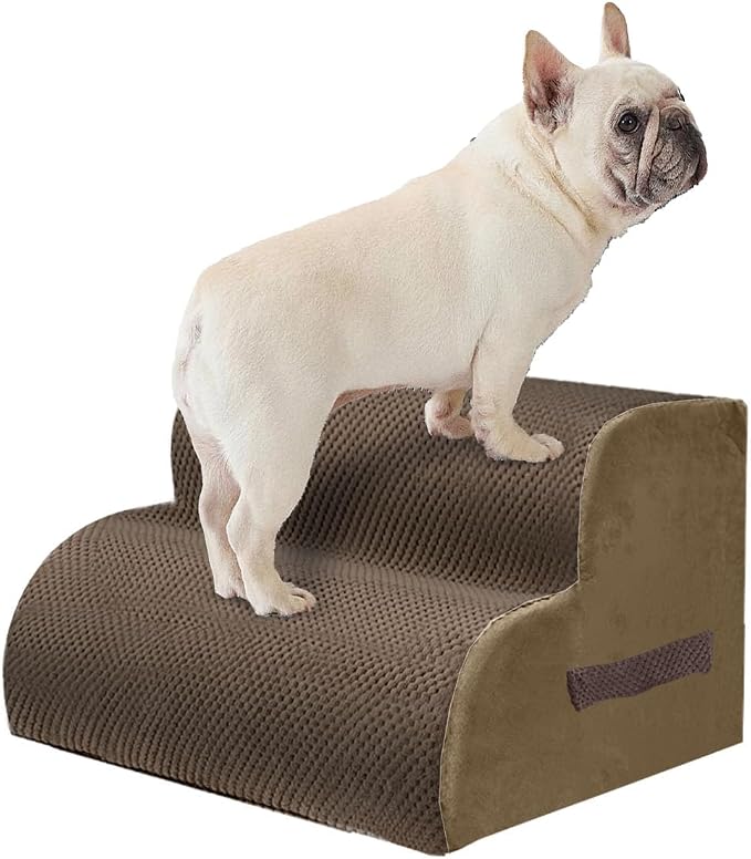 PAWSCRAT Dog Stairs for Small Pets, 11.8" H with 30D Material Soft Foam, Portable Ramp Non-Slip Surface Non-Slip for Couch and High Bed Climbing, 2-Step Stairs for Cat or Dog, Brown