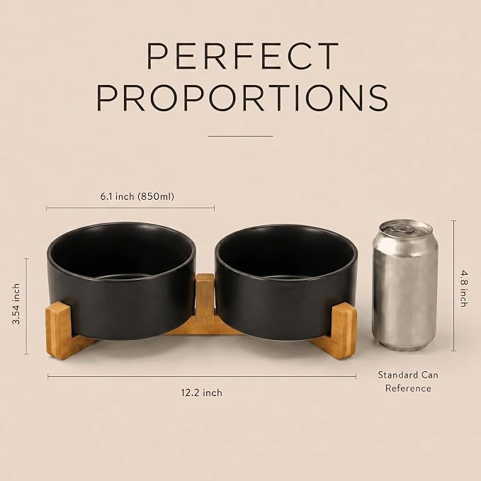 SPUNKYJUNKY Ceramic Dog and Cat Bowl Set with Wooden Stand, Modern Cute Weighted Food Water Set for Small Size Dogs (13.5OZ) & Medium Sized Dogs (28.7OZ) & Cats (3.6 Cups, 2 × Black)