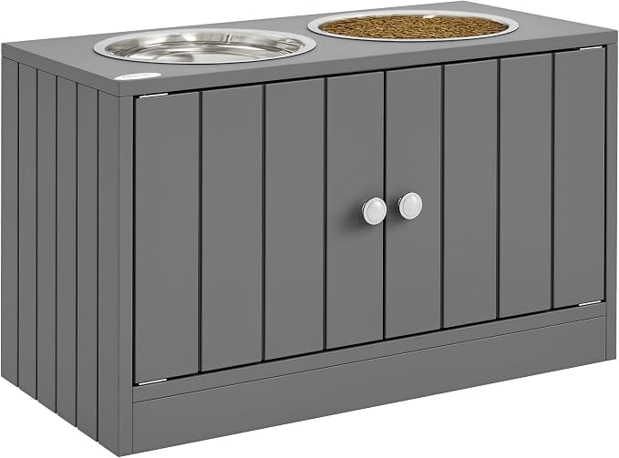 PawHut Large Elevated Dog Bowls with Storage Cabinet Containing Large 44L Capacity, Raised Dog Bowl Stand Pet Food Bowl Pet Feeding Station, Gray