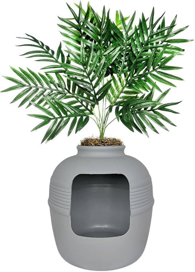 Good Pet Stuff Original Hidden Litter Box Planter, Decorative Cat Litter Enclosure, Carbon Filter, Faux Plant, Round Design, Easy to Clean, Base Kit, Palm Plant, Pebble Gray