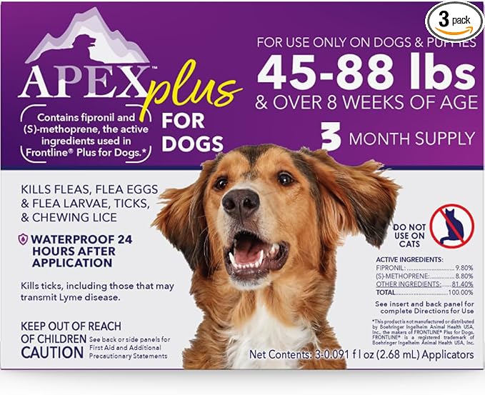 Apex Plus Flea and Tick Prevention for Dogs | Large (45-88 lbs) | 3-Month Supply | Dog Flea and Tick Treatment | 24-Hour Activation, Waterproof, 30-Day Protection