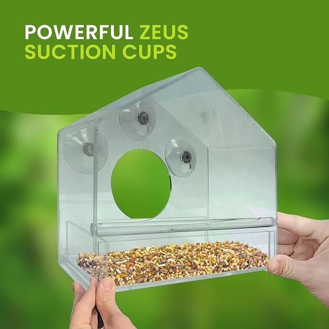 Nature Gear Window Bird Feeder with Strong Suction Cups, Clear Acrylic Window Mounted Bird Feeder, Removable Sliding Tray, Weather-Resistant, Durable, Squirrel-Resistant, House Style