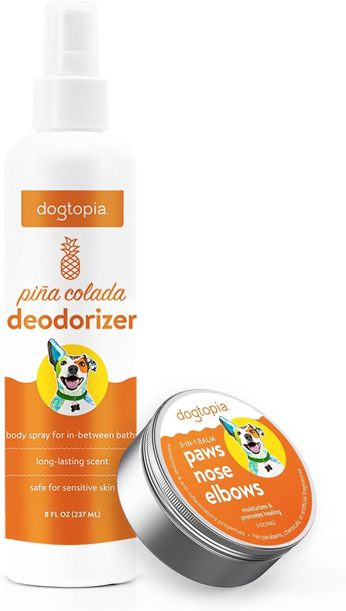 Dogtopia 3-in-1 Paw Balm & Deodorizer Spray - Between Baths Bundle for Pets | Moisturizing Balm for Cracked Skin (2oz) & Long-Lasting Piña Colada Odor Eliminator (8oz) for Dogs & Cats