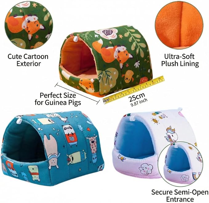 Guinea Pig Hideout 9.84 Inch, 4 Pack Small Animal Bed with Secure Hooks, Washable Fleece House for Guinea Pigs, Rabbits, Chinchillas, Hedgehog, Hamsters, Ferrets (Multi Patterns)
