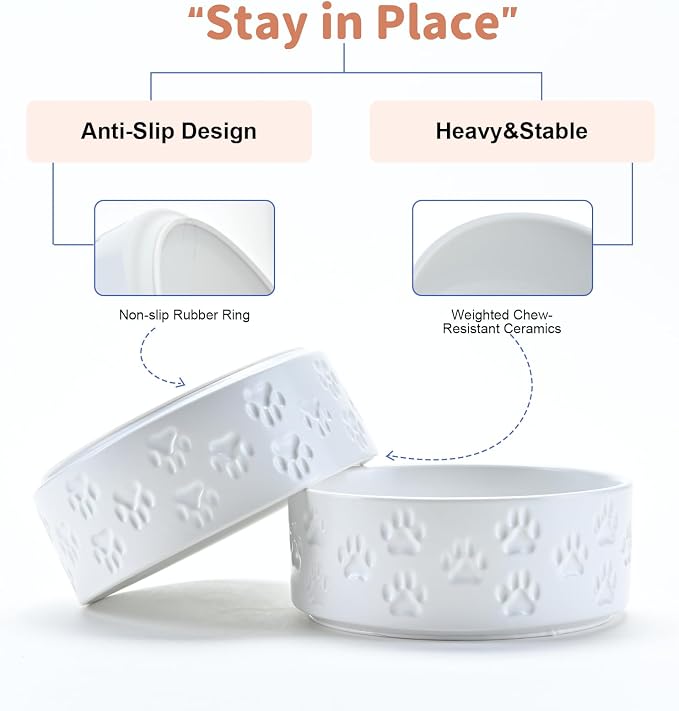 SPUNKYJUNKY Ceramic Dog and Cat Bowls 2 Pack, 5.1'' Dog and Cat Food Water Double Feeding Bowls Non-Slip for Cats and Puppy Small Sized Breed Dogs Microwave Dishwasher Safe - 13.5 OZ, 2pcs, Paw White