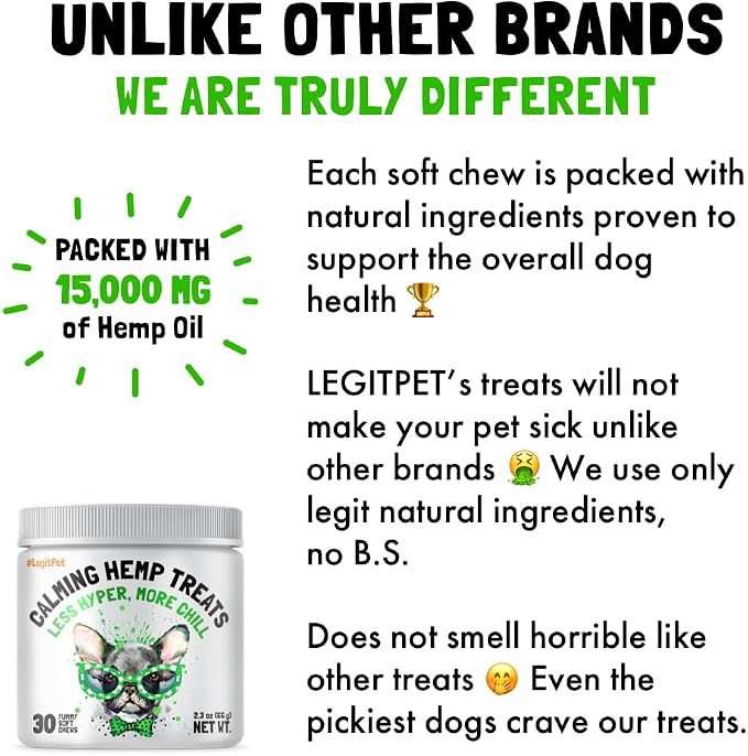 LEGITPET Calming Hemp 30 Treats for Dogs Made in USA with Organic Hemp and Turmeric Curcumin Hip & Joint Dogs Supplement Anti-Inflammatory Support 120 Chewa