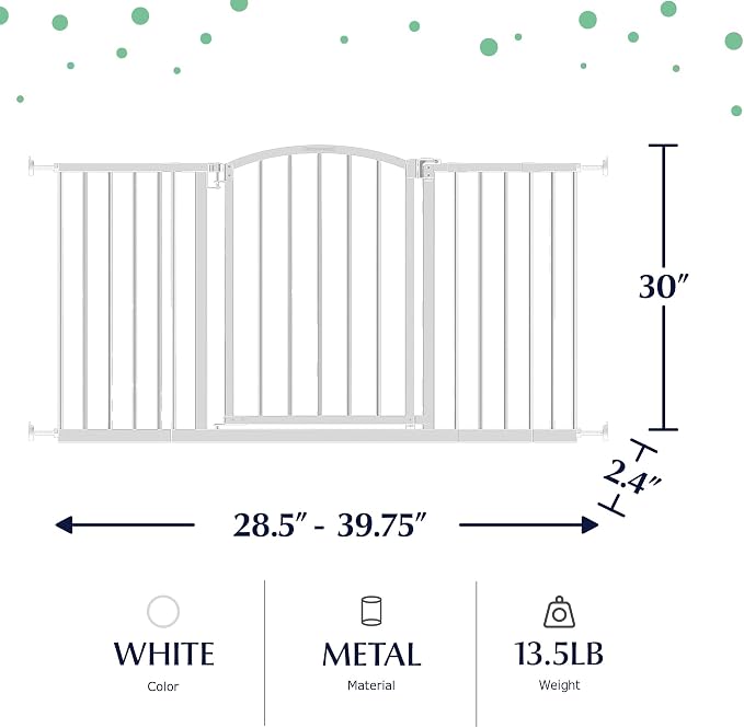 Ozzy & Kazoo Wide Walk-Through Dog Gate, Fits Openings 28.75-39.75” Wide, White Metal Dog Gate, For Doorways and Stairways, 30” Tall