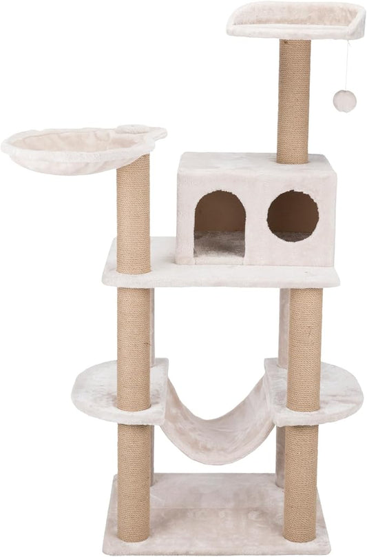 TRIXIE Federico 56" Cat Tower, Indoor 4-Level Cat Furniture with Jute Scratching Posts, Plush Condo, Platforms, Hammock, Toy on a String, Greige