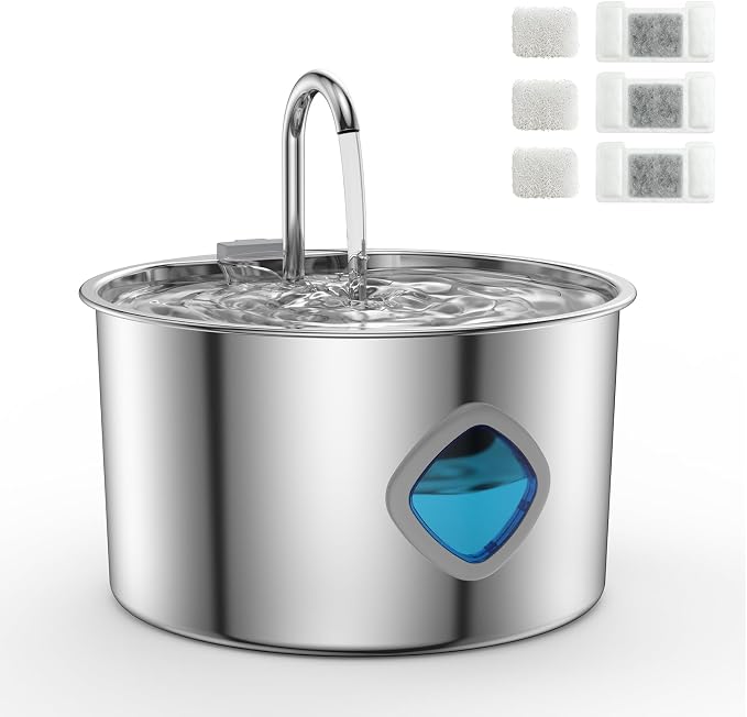 Stainless Steel Cat Water Fountain 108oz/3.2L, Pet Drinking Fountain with 3 Filters & Quiet Water Pump, Automatic Water Dispenser for Cats Indoor, Water Level Window, Easy to Clean