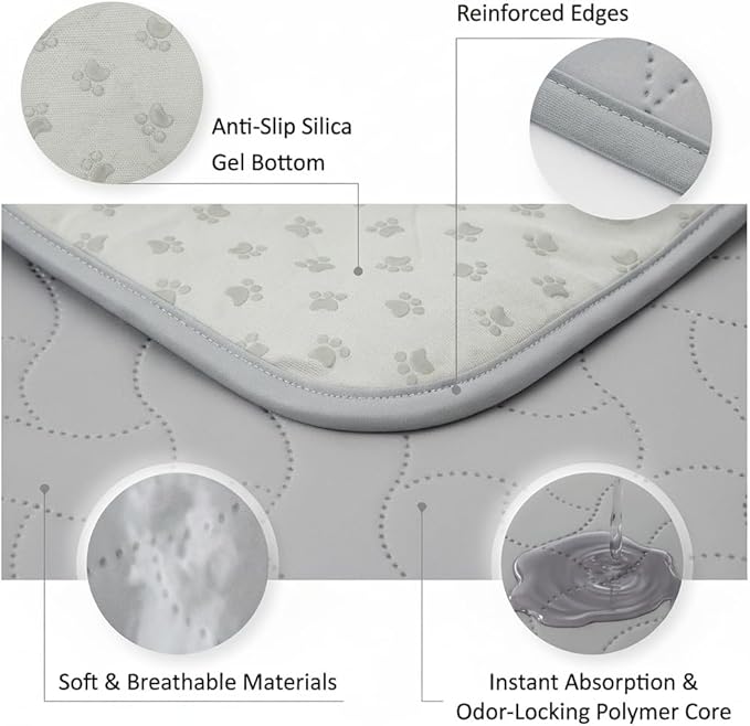 Gentle Purr Large Washable Pee Pads for Dogs 36" x 36", 2 Pack Reusable Puppy Training Pads, Soft Oeko-TEX Certified Polyester Top, Absorbent Non-Slip Crate Liners for Whelping and Senior Dogs, Gray