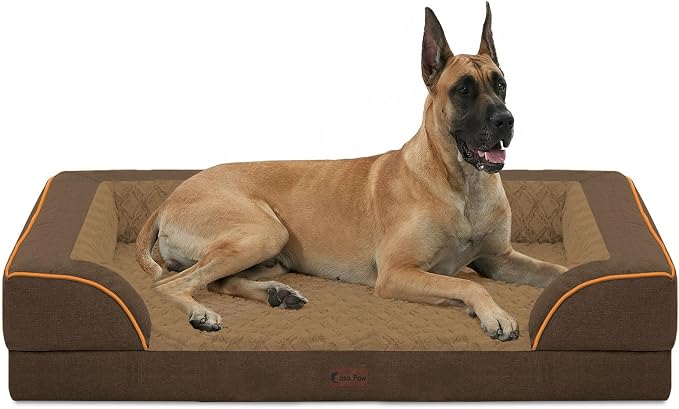 Orthopedic Dog Beds for Extra Large Sized Dogs 53x42 Inch, XXL Waterproof Egg Crate Foam Dog Sofa Bed with Removable Washable Cover Big Pet Couch with Bolster & Non-Slip Bottom, Brown