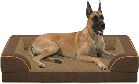 Orthopedic Dog Beds for Extra Large Sized Dogs 53x42 Inch, XXL Waterproof Egg Crate Foam Dog Sofa Bed with Removable Washable Cover Big Pet Couch with Bolster & Non-Slip Bottom, Brown