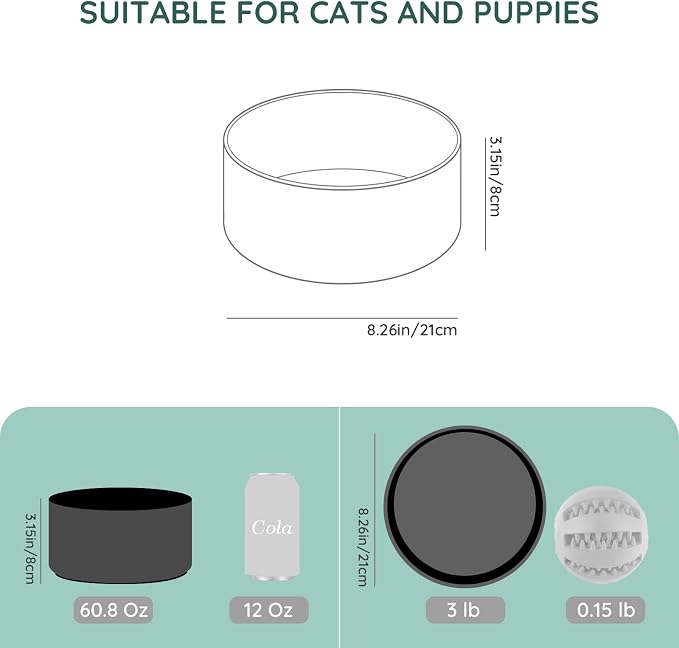 SPUNKYJUNKY 60OZ Ceramic Dog and Cat Bowl, Modern Cute Weighted Food Water Bowl for Replacement Black (1 Pack)