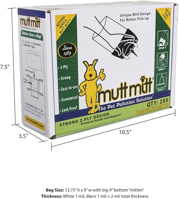 Mutt Mitt® 2-Ply dog waste pick-up bags Dispense-A-Mitt™ - 200 Dog Waste Bags in a wall mountable box.