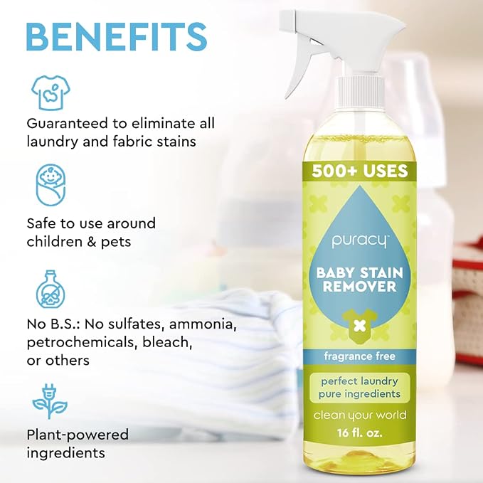 Puracy Natural Baby Stain Remover Bundle - Enzyme-Powered Stain and Odor Eliminator, Fragrance Free Cleaning Spray, Non-Toxic Clothes Stain Remover Spray, 16oz Bottle & 48oz Refill Set