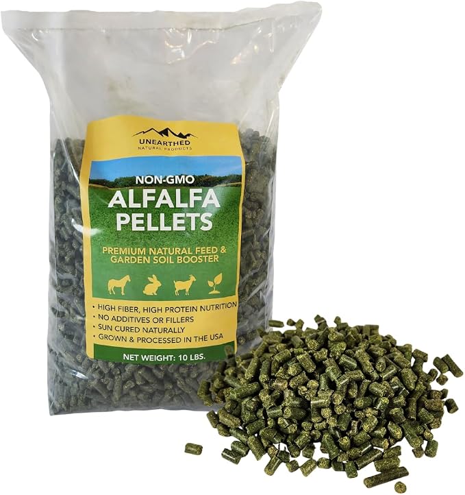 Unearthed Non‑GMO Alfalfa Pellets – 100% Pure Sun‑Cured Alfalfa, No Additives or Fillers | Premium Feed for Rabbits, Horses, Goats, Chickens & More | Natural Garden Soil Booster