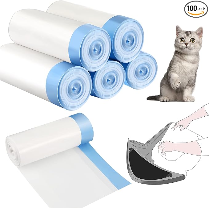 Harloon 100 Count 25" x 16" Cat Litter Box Liners Waste Drawer Drawstring Liners Bags Compatible with Litter - Robot 3/4 Thick Inserts Sacks 9-11 Gallons (Cute)